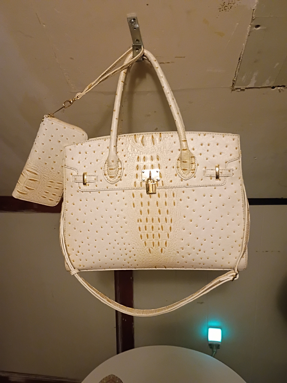 Cream Faux-Ostrich Tote Bag with Wristlet